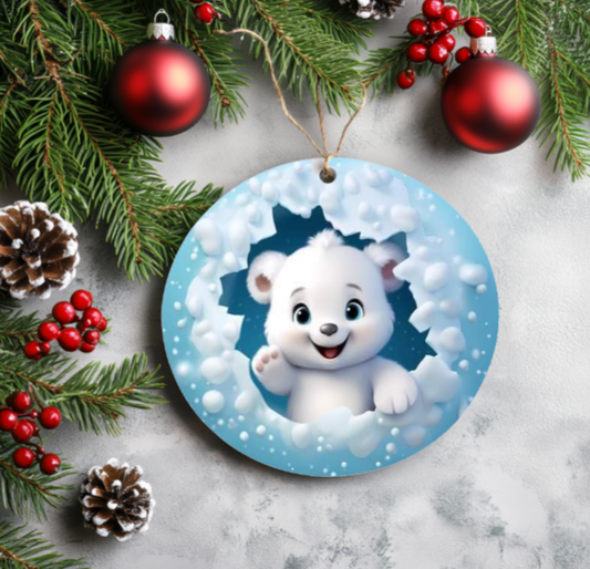 Cute Little Polar Bear Cub, Metal Double Sided Ornament