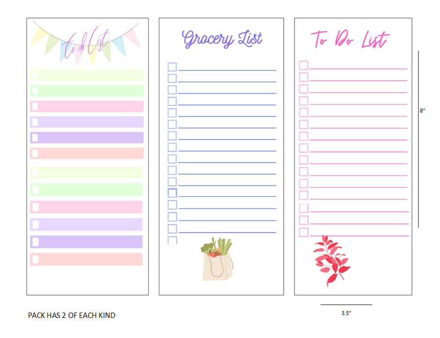 Colorful To Do List/Grocery List 6 pack