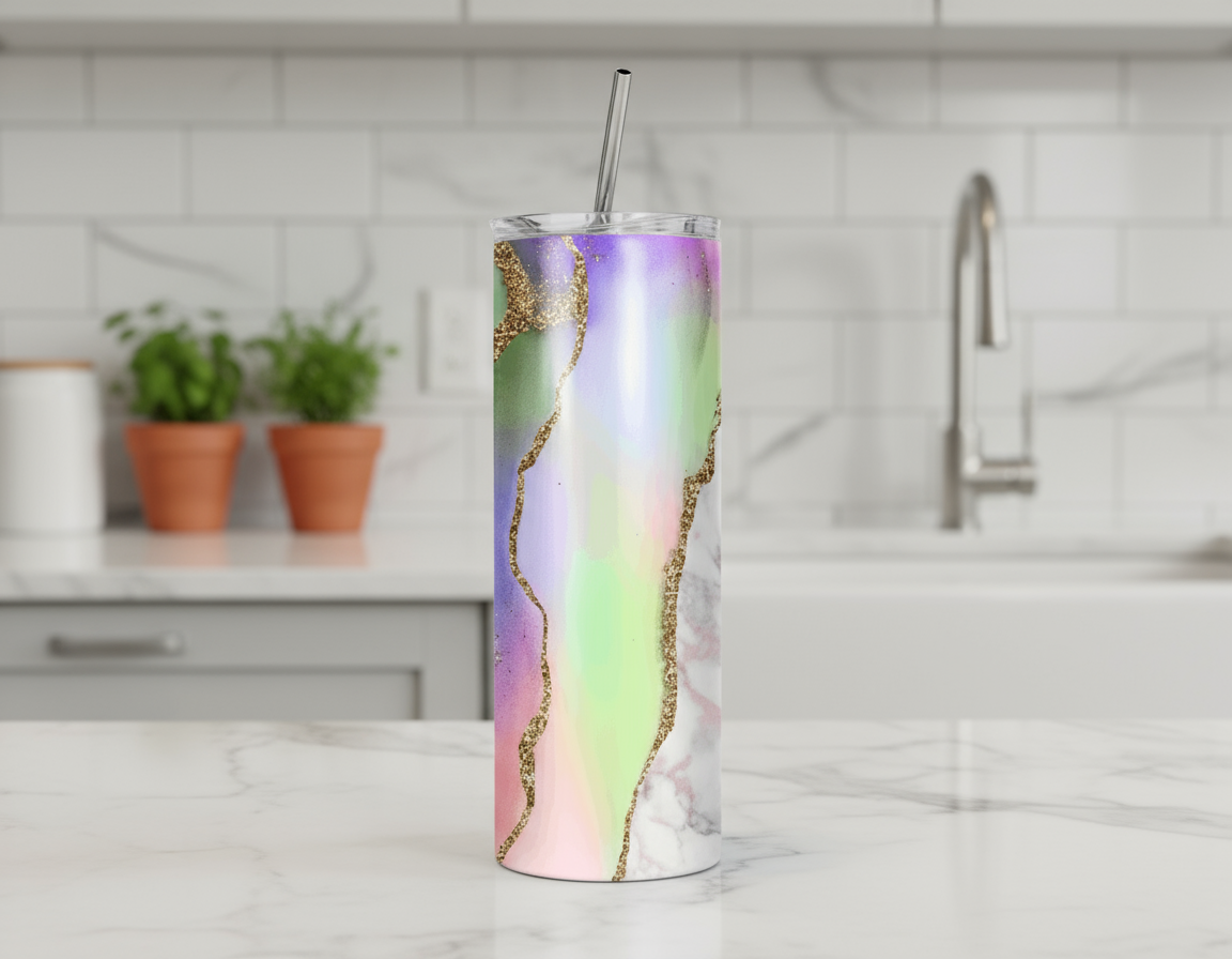 Stainless Steel, 20oz Pastel Marble Themed Skinny Tumbler w/lid & straw, can be personalized with name