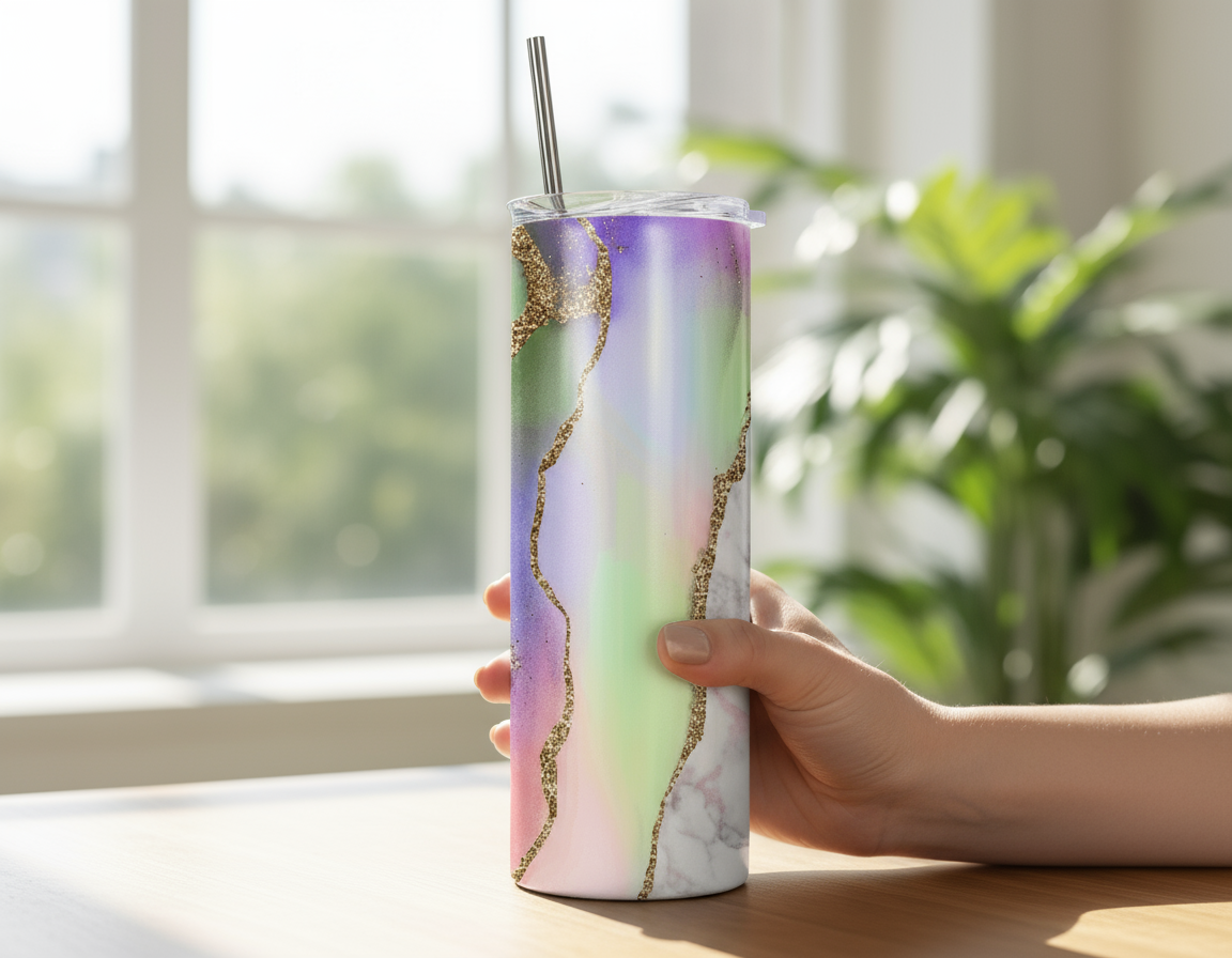 Stainless Steel, 20oz Pastel Marble Themed Skinny Tumbler w/lid & straw, can be personalized with name
