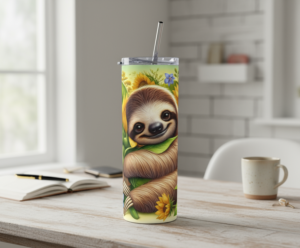 Stainless Steel, 20oz Sloth Skinny Tumbler w/lid & straw
