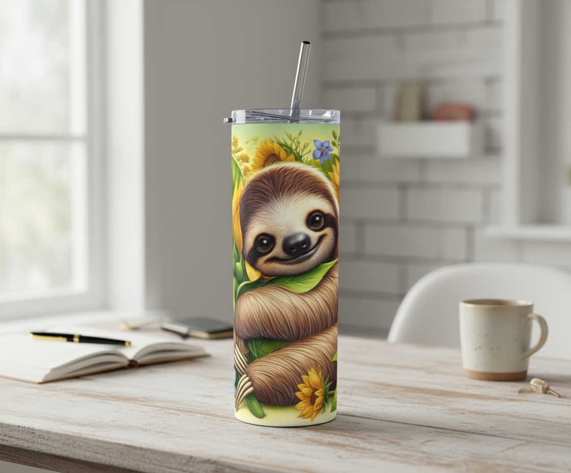 Stainless Steel, 20oz Sloth Skinny Tumbler w/lid & straw