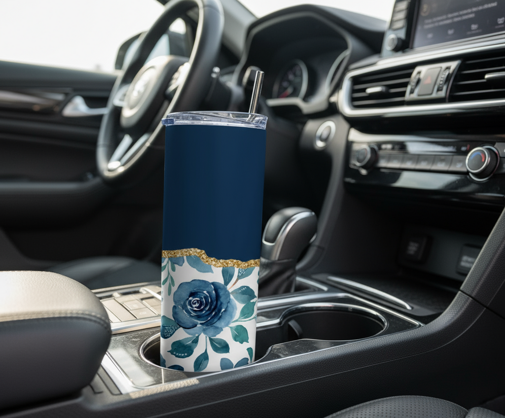 Stainless Steel, 20oz Navy Blue Floral Skinny Tumbler w/lid & straw