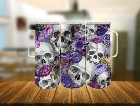 Skull and flowers 20oz Skinny Tumbler with Handle My Simple Creations 