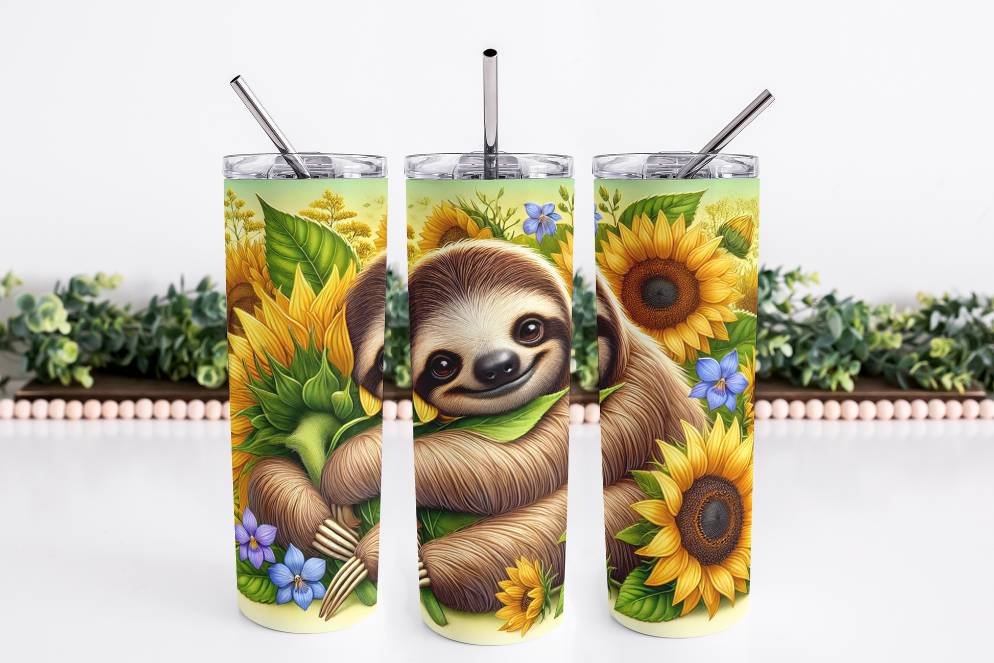 Stainless Steel, 20oz Sloth Skinny Tumbler w/lid & straw