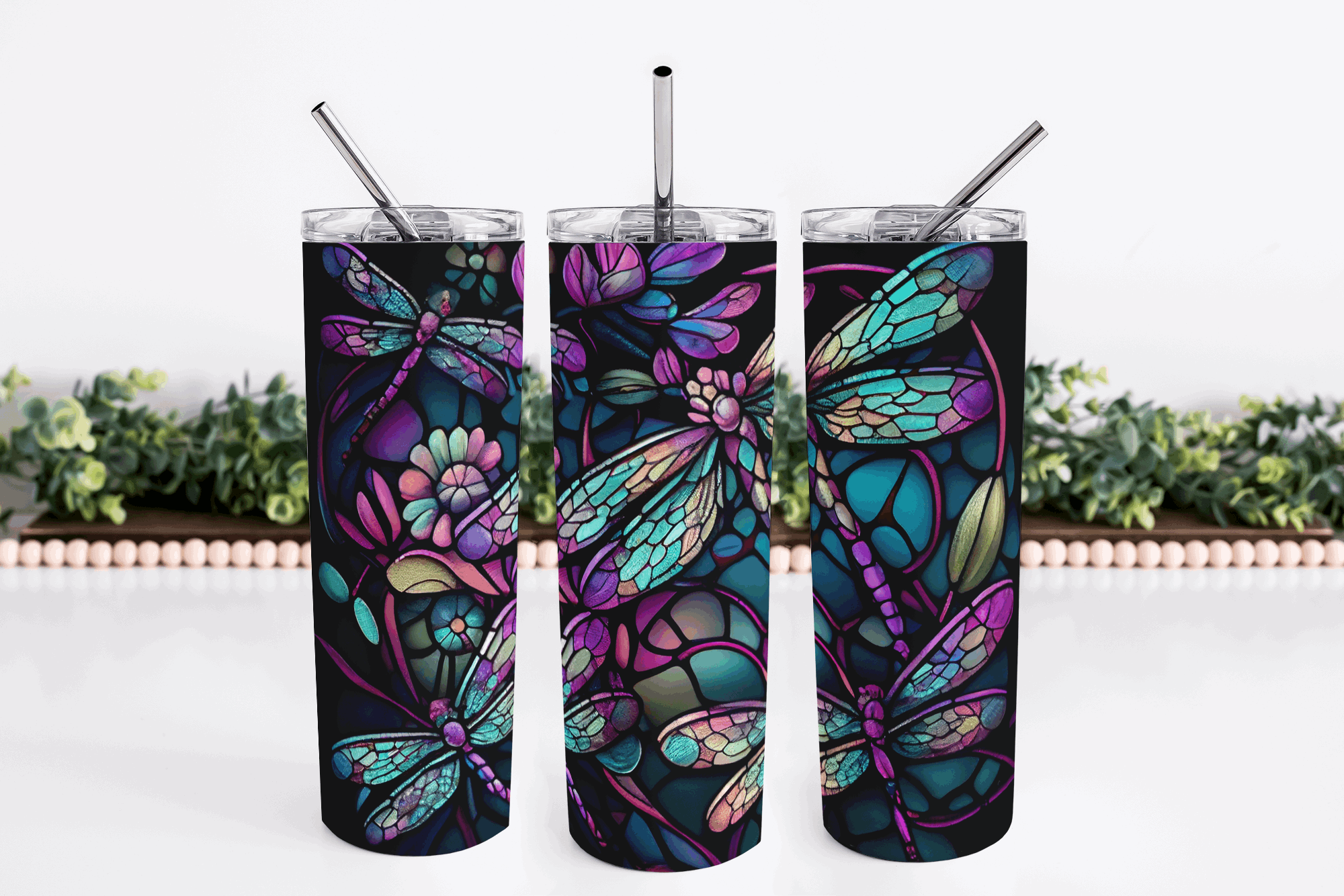 Stained Glass Dragon Fly 20oz Skinny Tumbler My Simple Creations 