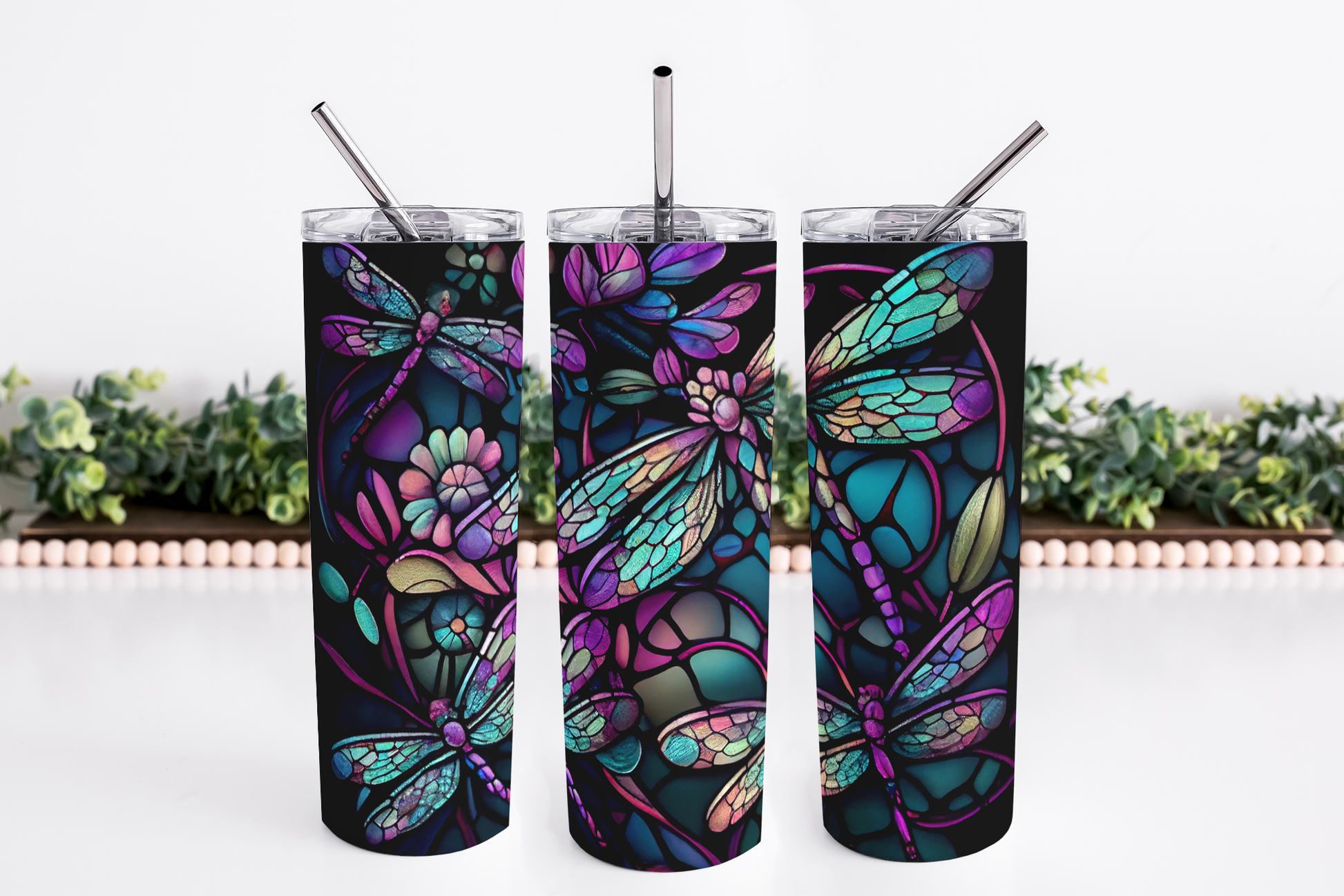 Stained Glass Dragon Fly 20oz Skinny Tumbler My Simple Creations 