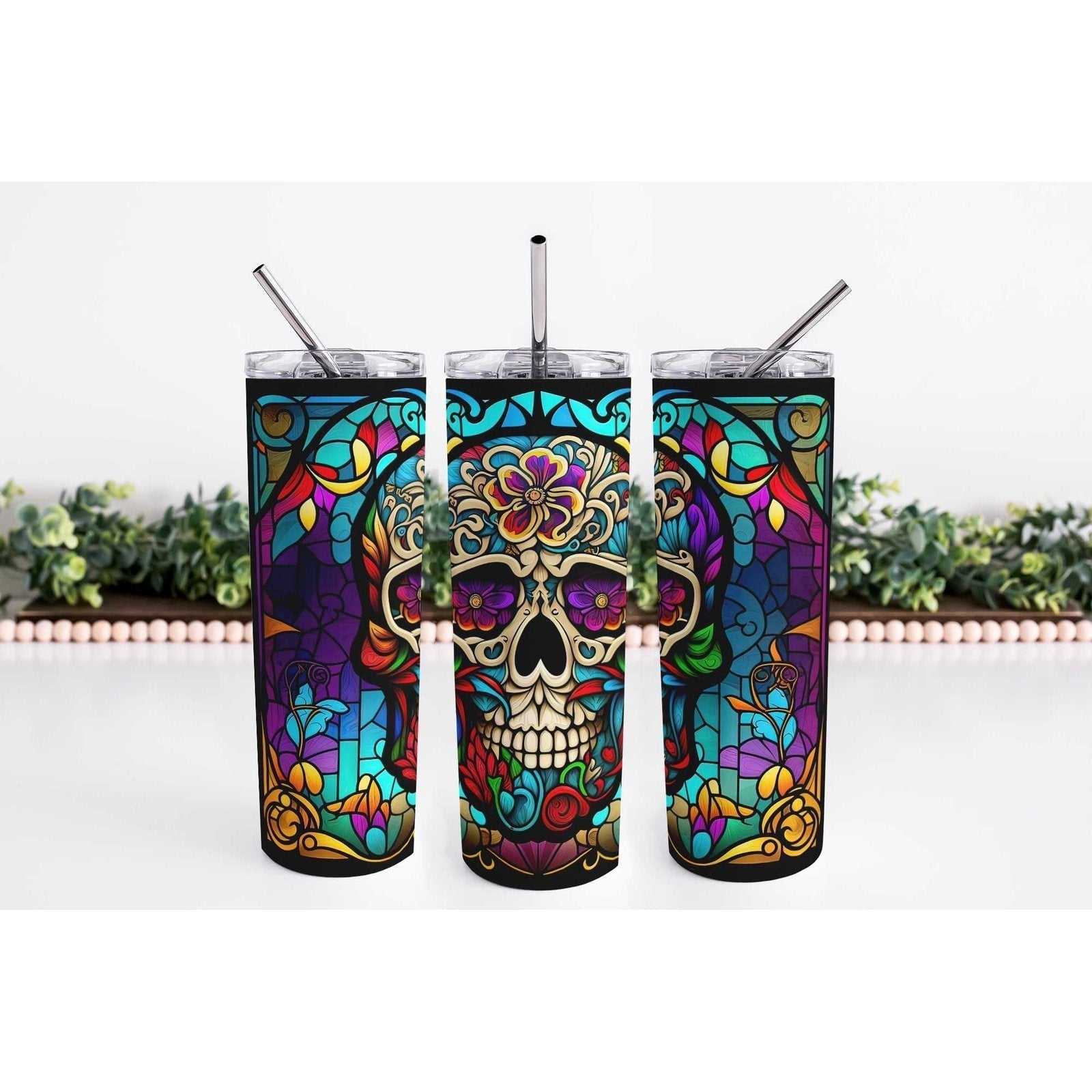Stained Glass Skull 20oz Skinny Tumbler My Simple Creations 