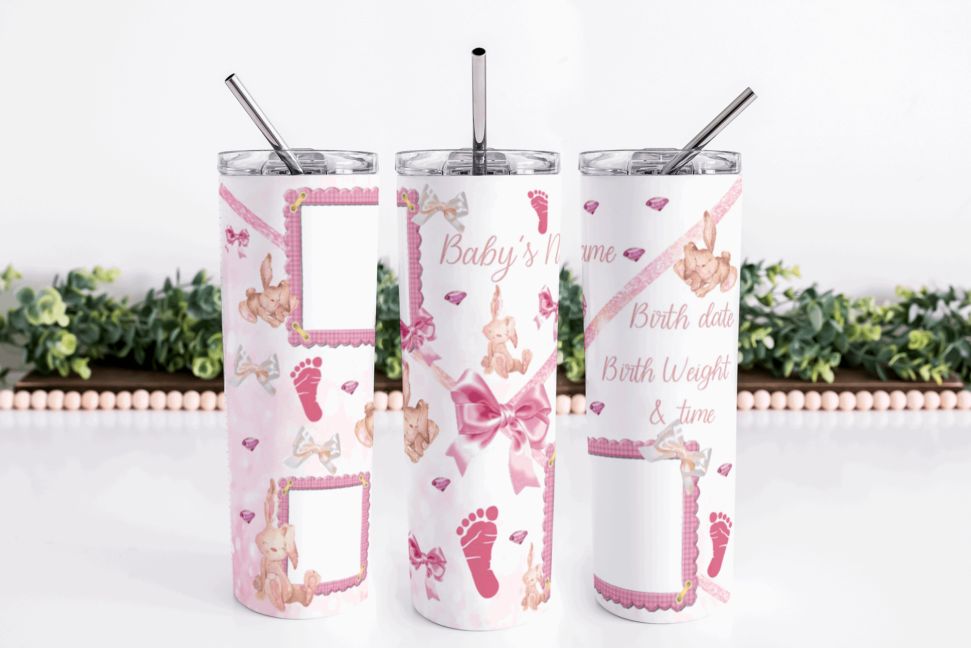 Stainless Steel, 20oz Baby Girl Themed Skinny Tumbler w/lid & straw, can be personalized with photos and name
