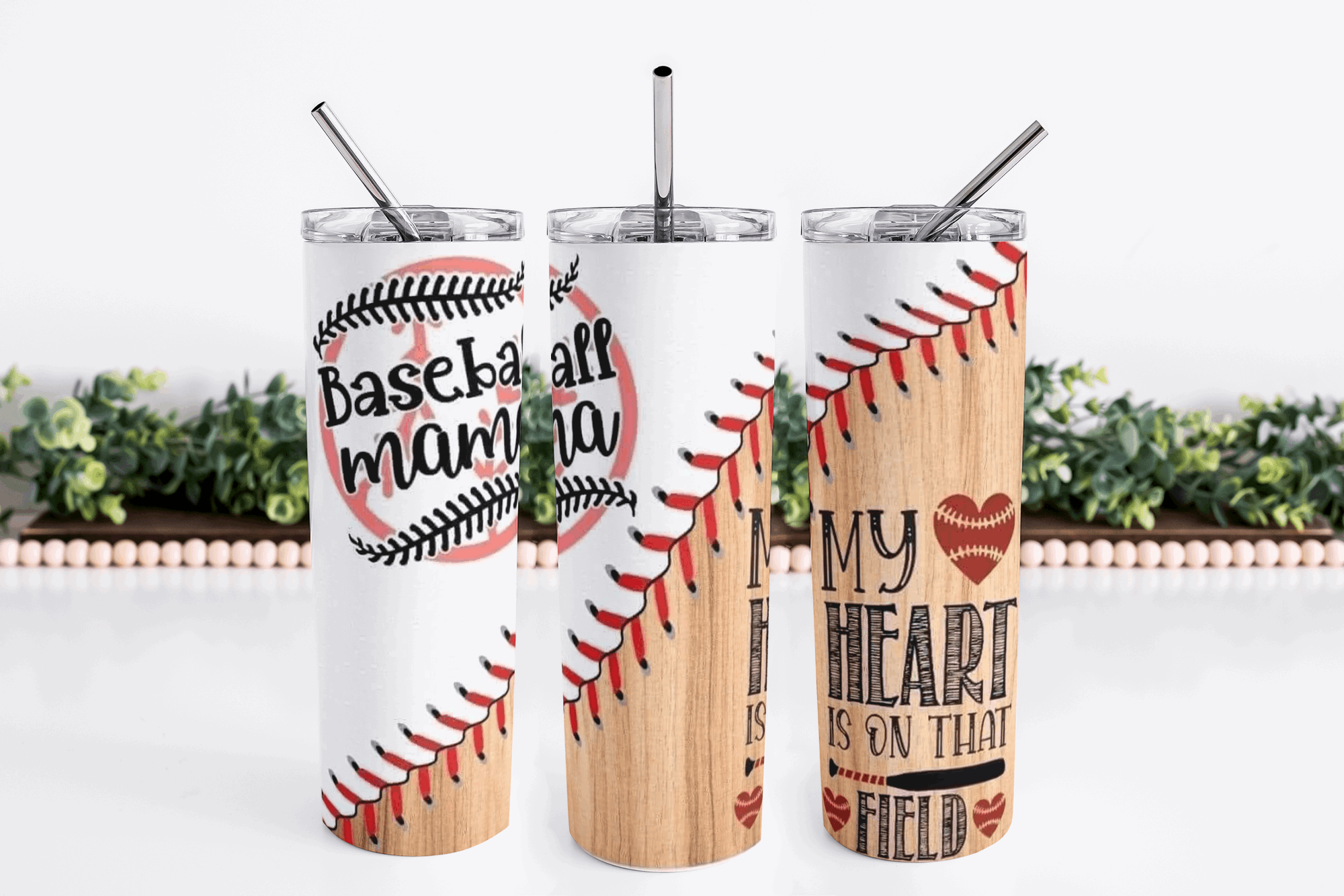 Stainless Steel 20oz Baseball Mama Themed Skinny Tumbler w/lid & straw