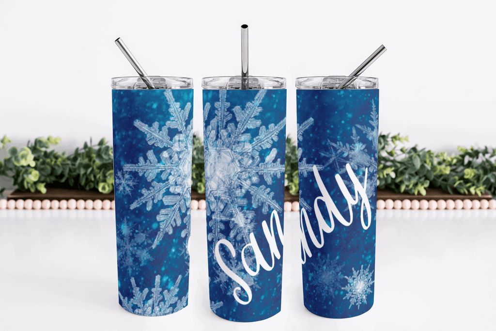 Stainless Steel, 20oz Snowflake Themed Skinny Tumbler w/lid & straw, can be personalized with name