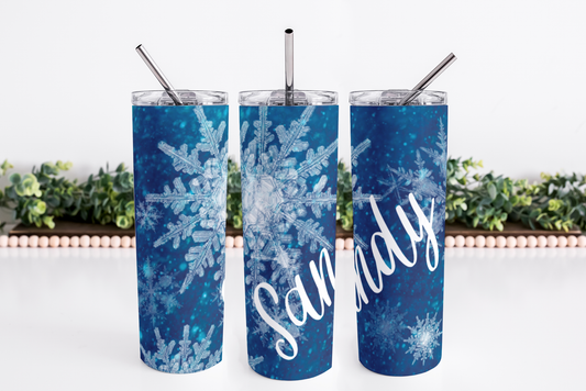 Stainless Steel, 20oz Snowflake Themed Skinny Tumbler w/lid & straw, can be personalized with name