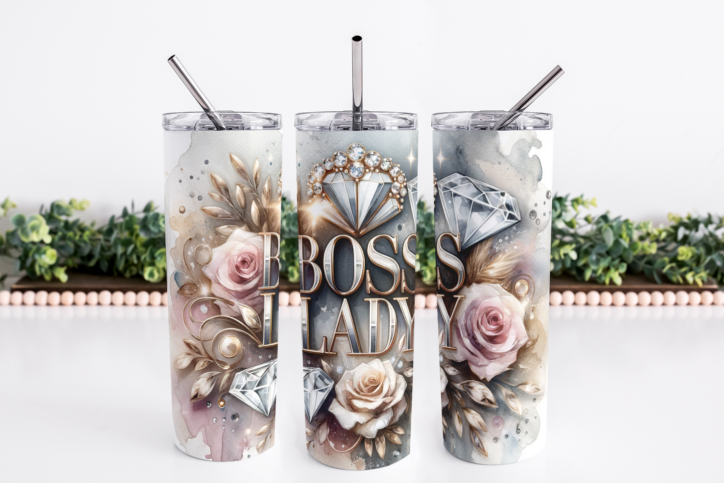 Stainless Steel, 20oz Boss Lady Themed Skinny Tumbler w/lid & straw