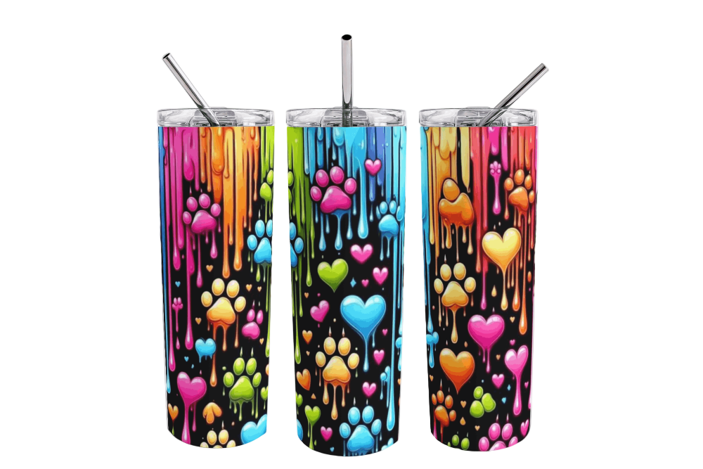 Stainless Steel 20oz Colorful Dog Paws Skinny Tumbler w/lid & straw