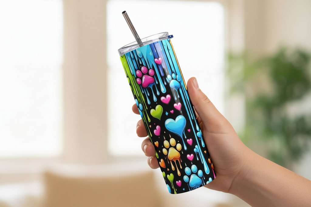 Stainless Steel 20oz Colorful Dog Paws Skinny Tumbler w/lid & straw