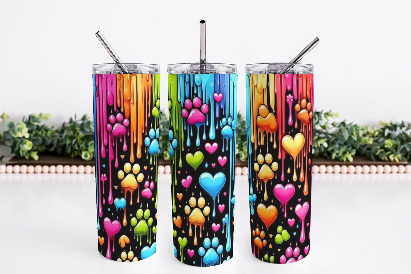 Stainless Steel 20oz Colorful Dog Paws Skinny Tumbler w/lid & straw