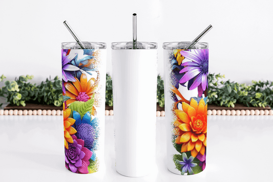 Stainless Steel, 20oz Colorful Floral Themed Skinny Tumbler w/lid & straw, can be personalized with name
