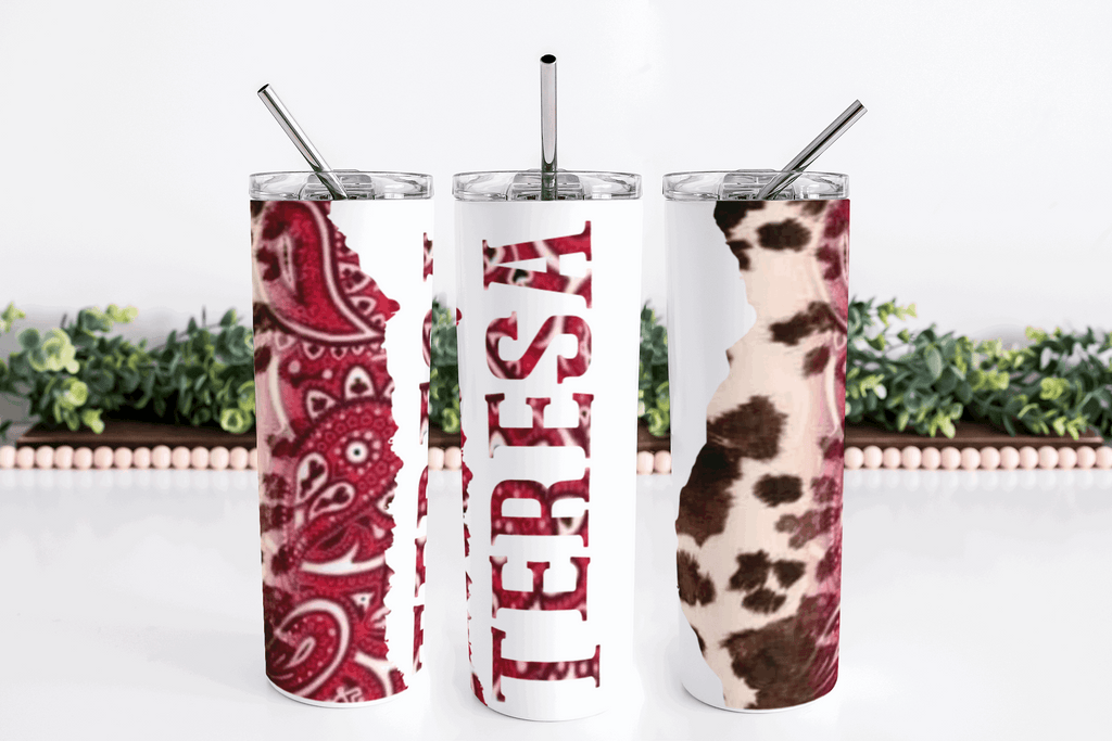 Stainles Steel, 20oz Bandana/Cow Hide Themed Skinny Tumbler w/handle & straw, can be personalized with name