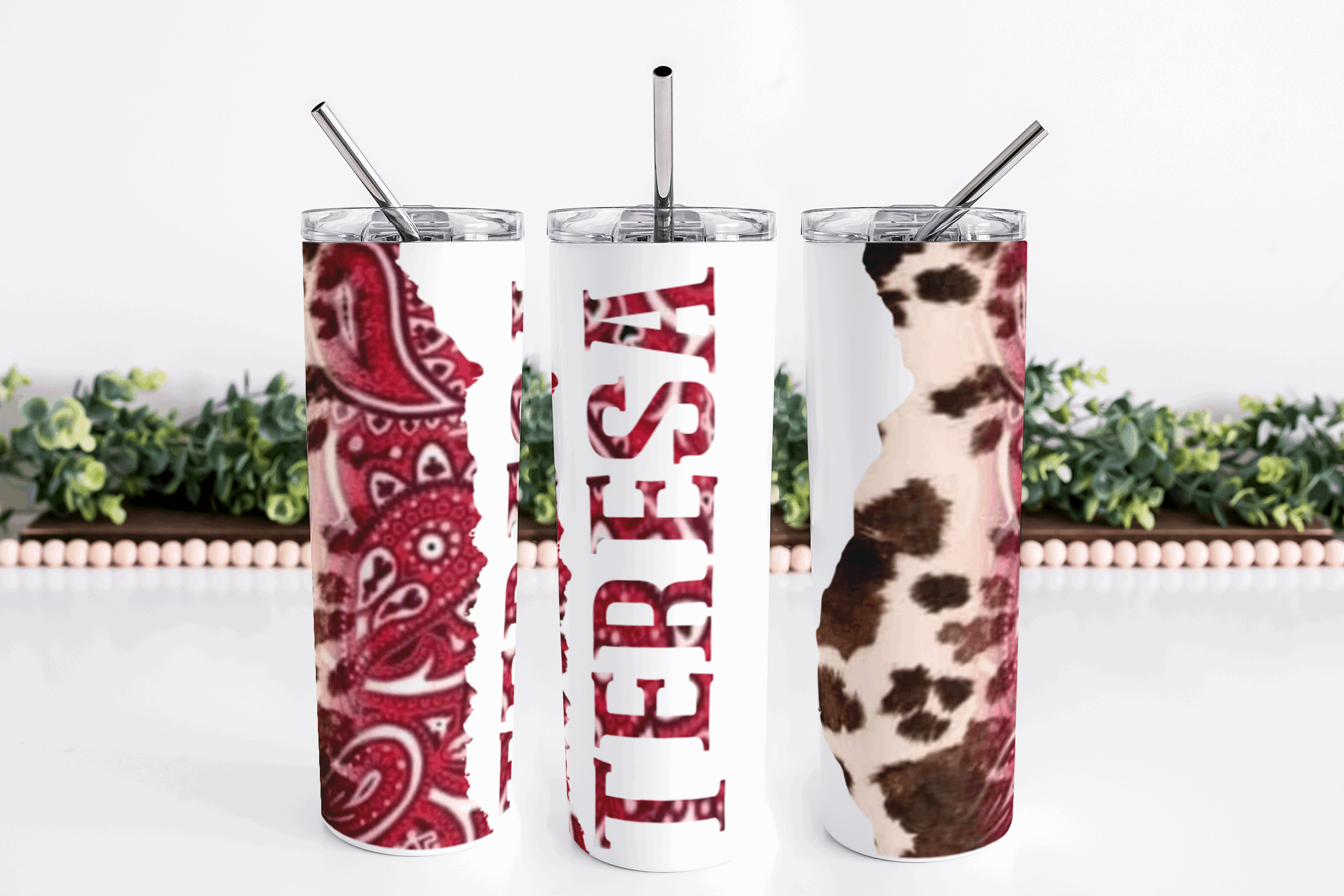 Stainles Steel, 20oz Bandana/Cow Hide Themed Skinny Tumbler w/handle & straw, can be personalized with name