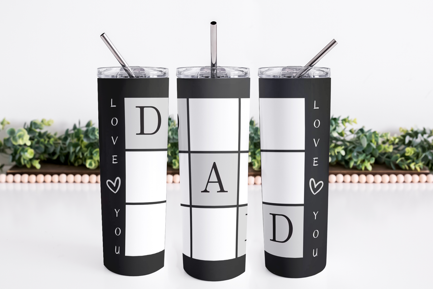 Dad Themed 20oz Stainless Steel Skinny Tumbler w/lid & straw, can be personalized with photos