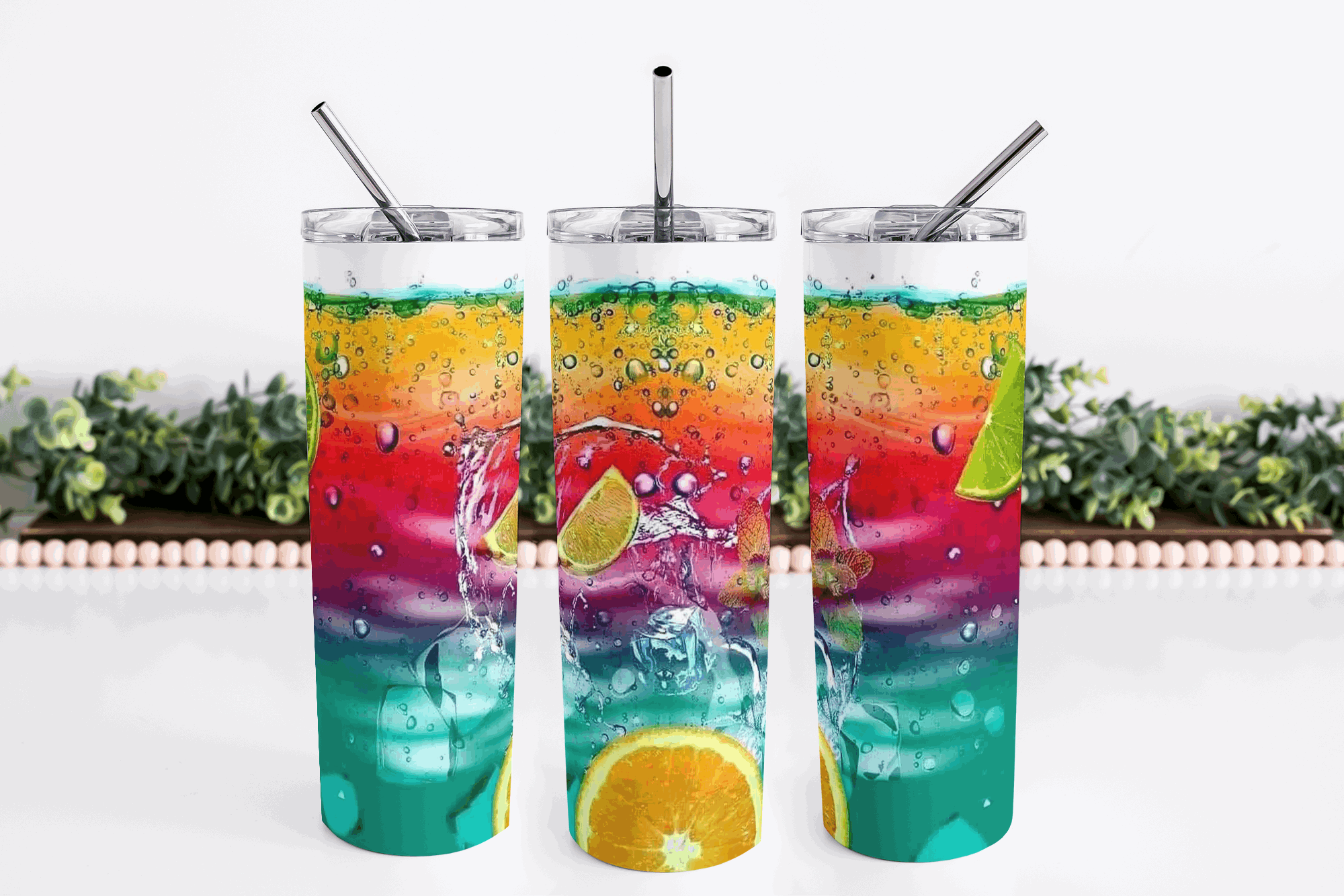 Stainless Steel, 20oz Fruity Drink Themed Skinny Tumbler w/lid & straw
