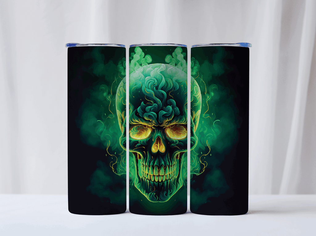 Green Skull Themed Stainless Steel 20oz Skinny Tumbler w/lid & straw