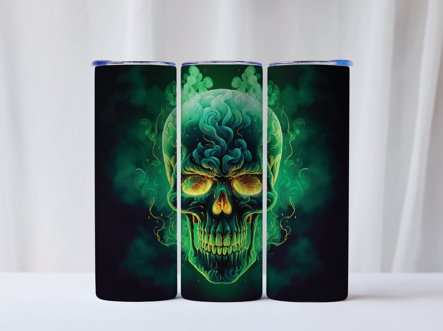 Green Skull Themed Stainless Steel 20oz Skinny Tumbler w/lid & straw