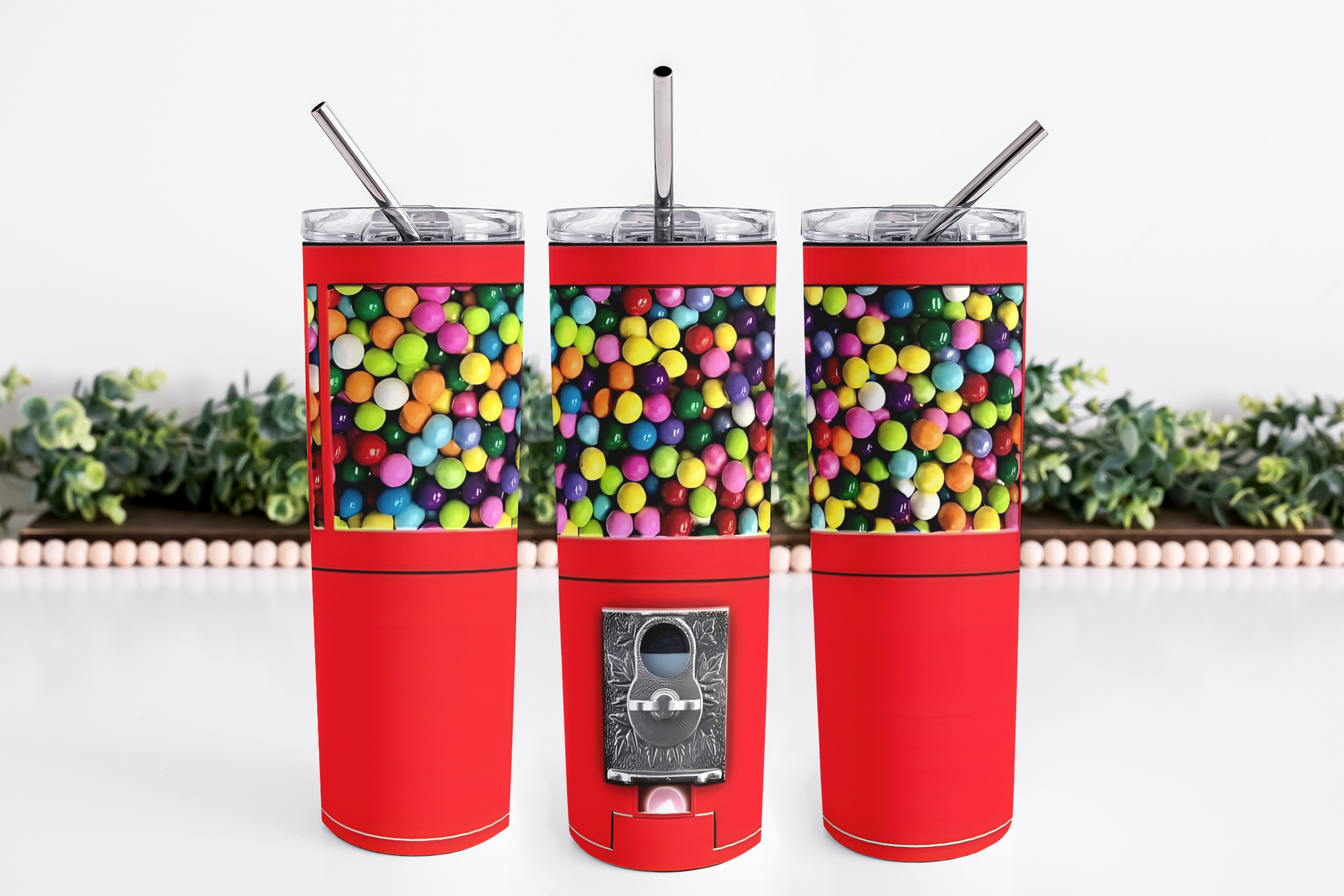 Stainless Steel, 20oz Gumball Machine Skinny Tumbler w/lid & straw