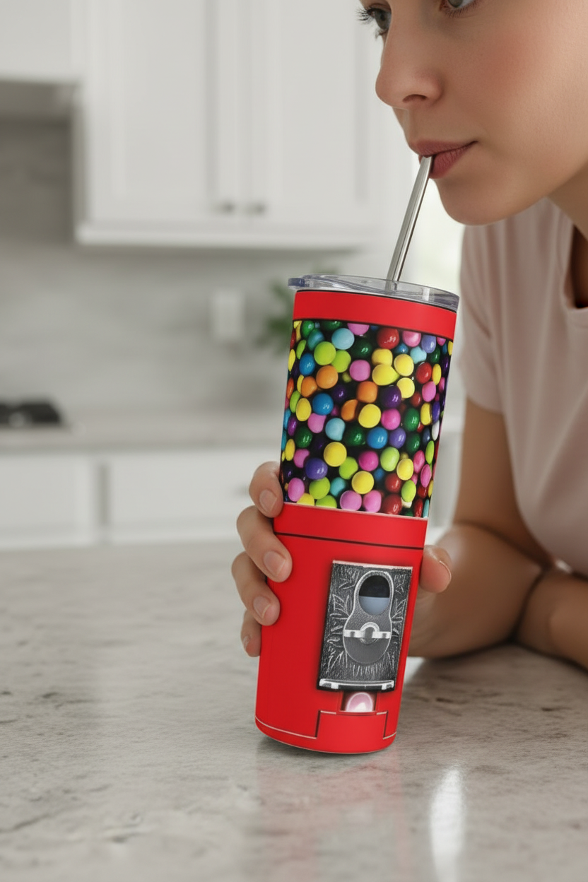 Stainless Steel, 20oz Gumball Machine Skinny Tumbler w/lid & straw