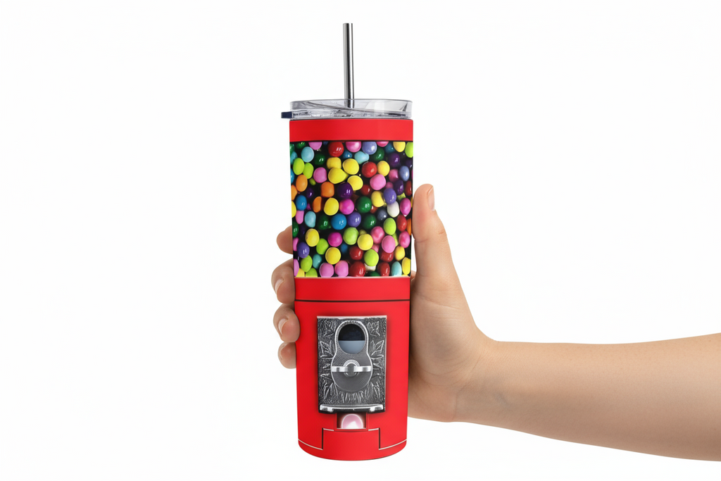 Stainless Steel, 20oz Gumball Machine Skinny Tumbler w/lid & straw