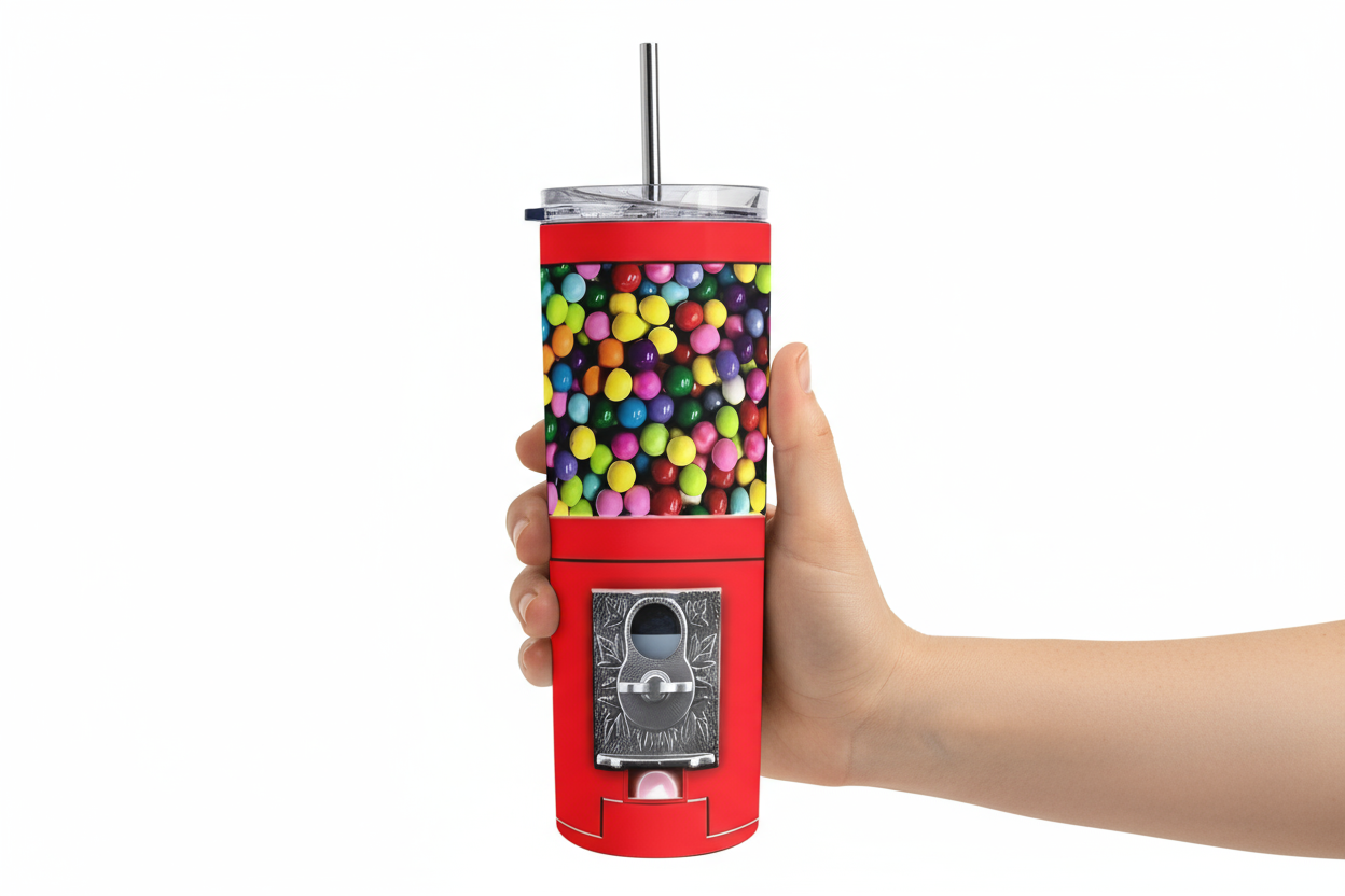 Stainless Steel, 20oz Gumball Machine Skinny Tumbler w/lid & straw