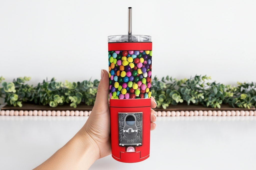 Stainless Steel, 20oz Gumball Machine Skinny Tumbler w/lid & straw