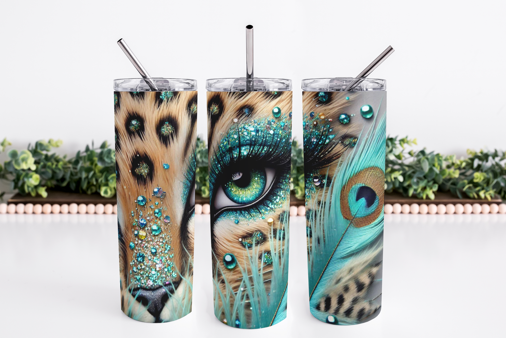 Stainless Steel, 20oz Leopard Eye Skinny Tumbler w/lid & straw