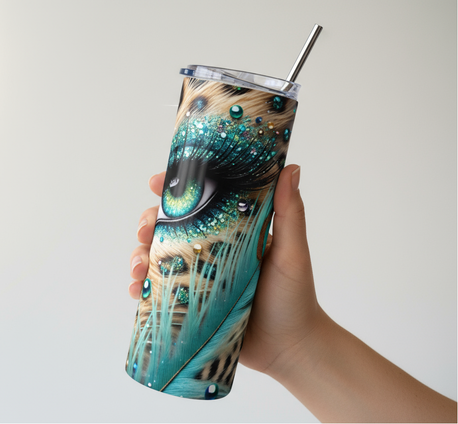 Stainless Steel, 20oz Leopard Eye Skinny Tumbler w/lid & straw