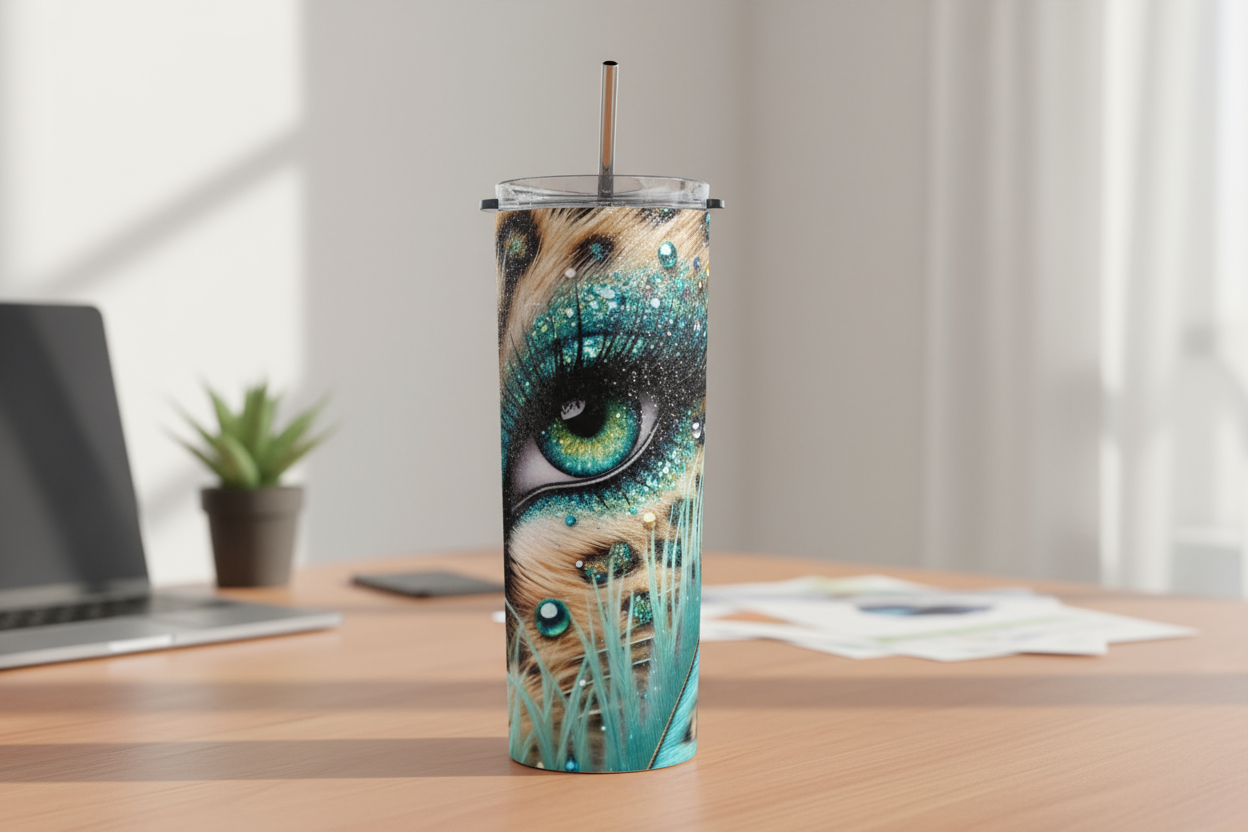 Stainless Steel, 20oz Leopard Eye Skinny Tumbler w/lid & straw