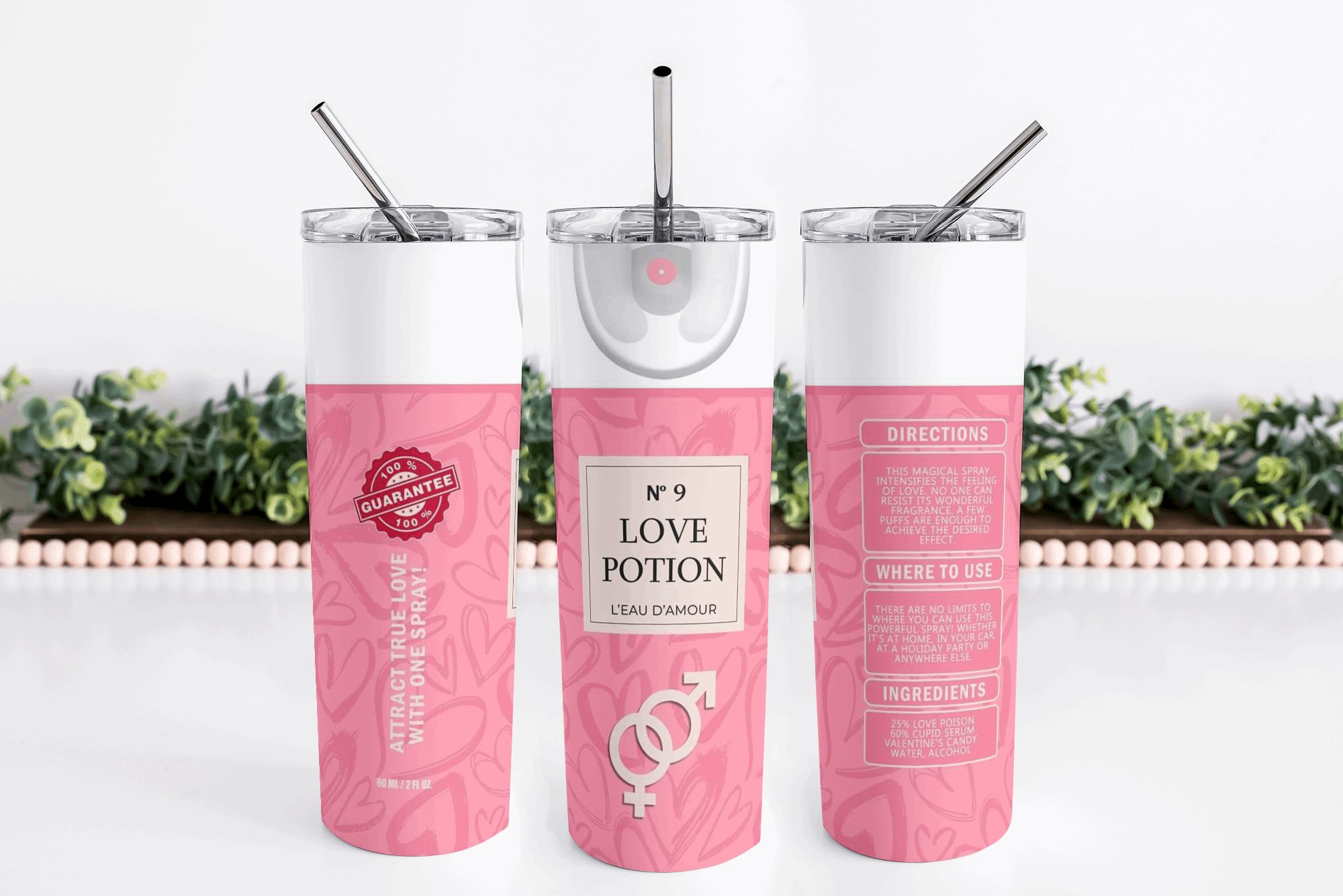 Stainless Steel, 20oz Love Potion Themed Skinny Tumbler w/lid & straw