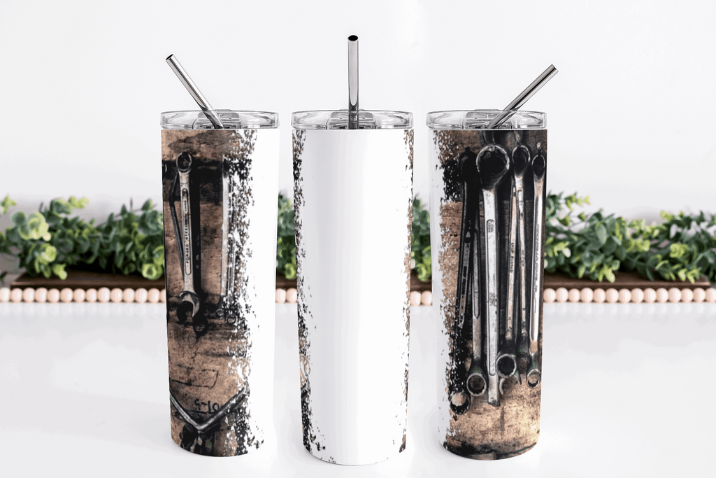 Stainless Steel 20oz Mechanic themed Skinny Tumbler w/lid & straw, can be personalized with name