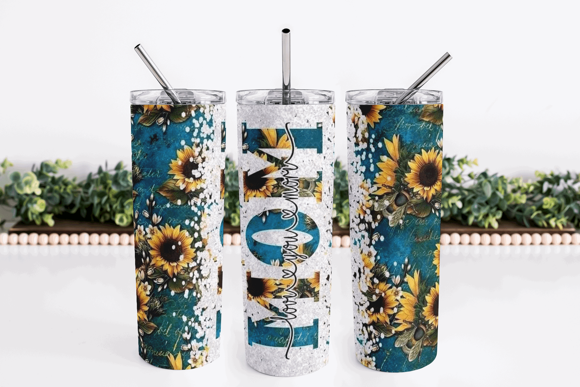 Stainless Steel, 20oz Mom w/sunflowers Themed 20oz Skinny Tumbler w/lid & straw