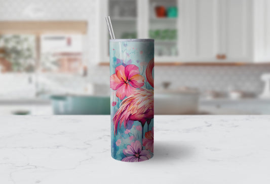 Flamingo Themed Stainless Steel 20oz Skinny Tumbler w/lid & straw