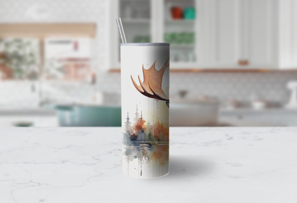 Moose Themed Stainless Steel 20oz Skinny Tumbler w/lid & straw