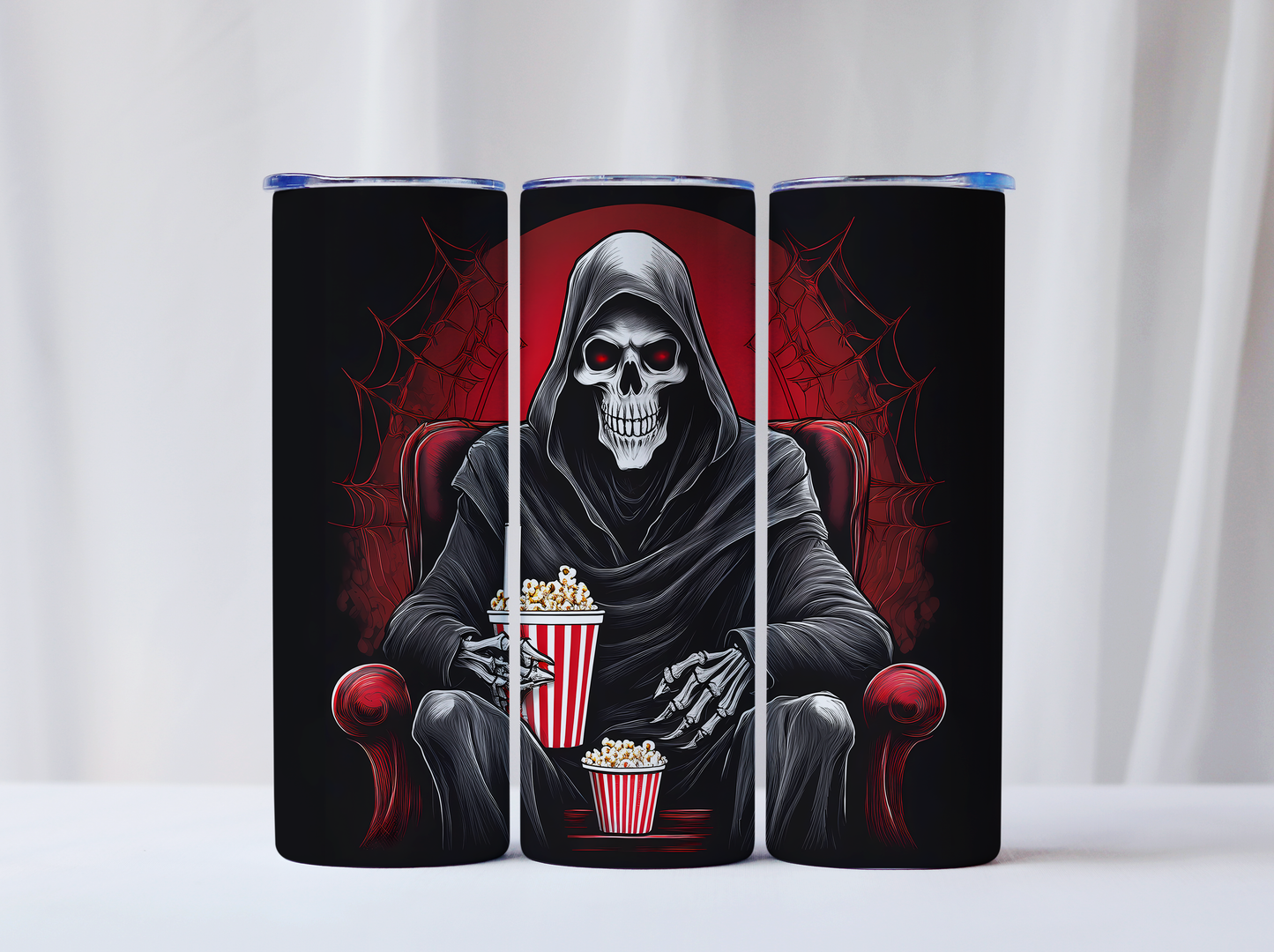 Stainless Steel, 20oz Skeleton w/Popcorn Themed Skinny Tumbler w/lid & straw