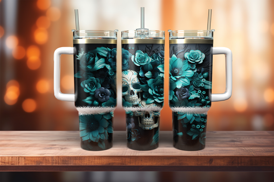 Stainless Steel 40oz Teal Rose w/Skull Themed Tumbler w/Handle & straw