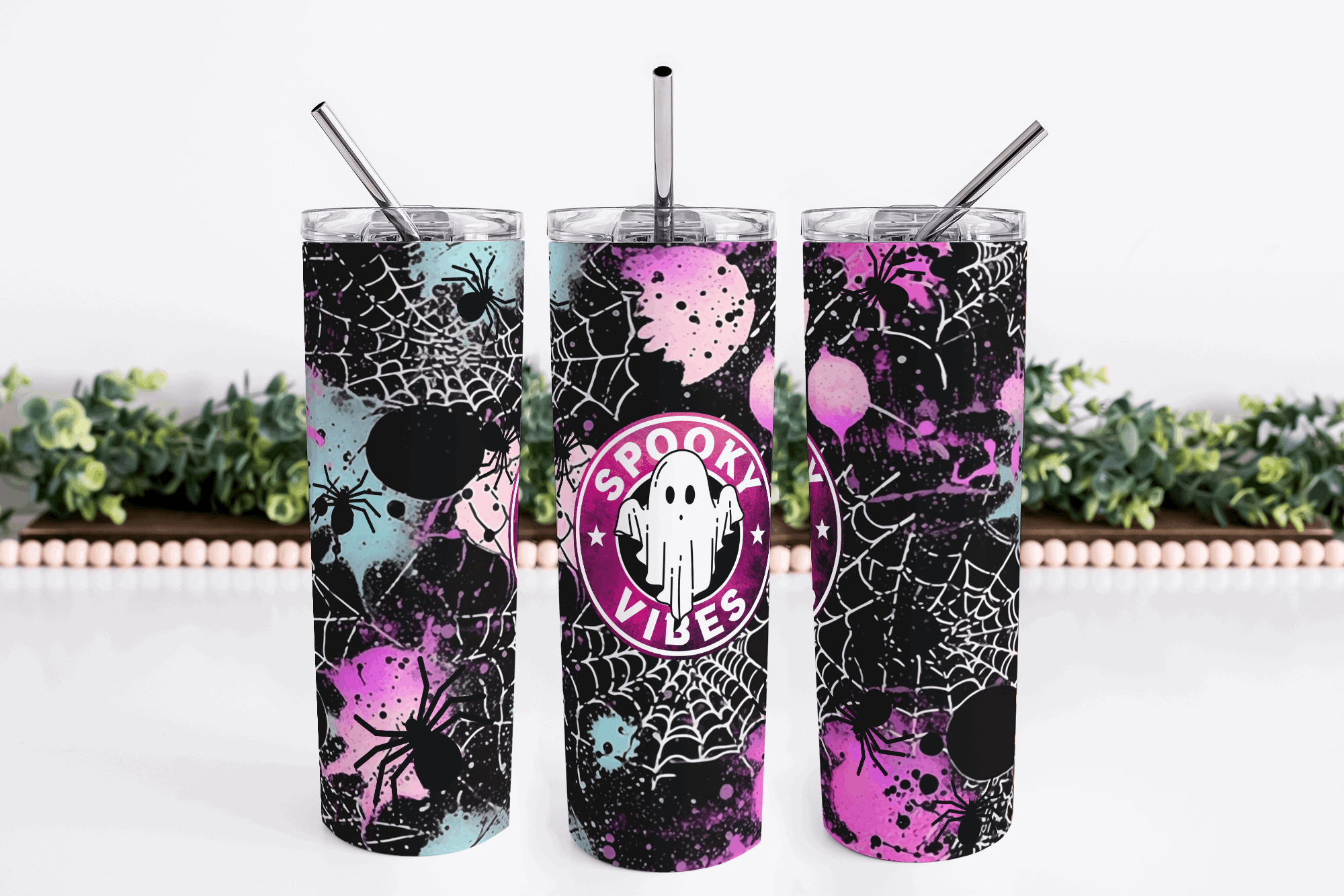 Stainless Steel, 20oz Spooky Web Themed Skinny Tumbler w/lid & straw