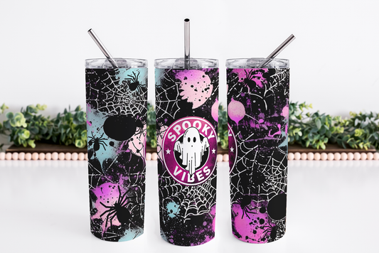 Stainless Steel, 20oz Spooky Web Themed Skinny Tumbler w/lid & straw