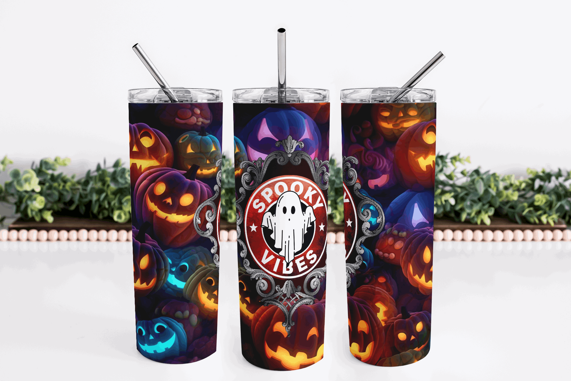 Stainless Steel, 20oz Spooky Pumpkins Themed Skinny Tumbler w/lid & straw