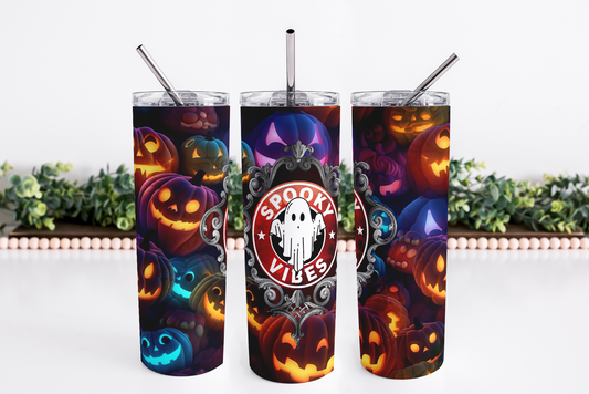 Stainless Steel, 20oz Spooky Pumpkins Themed Skinny Tumbler w/lid & straw