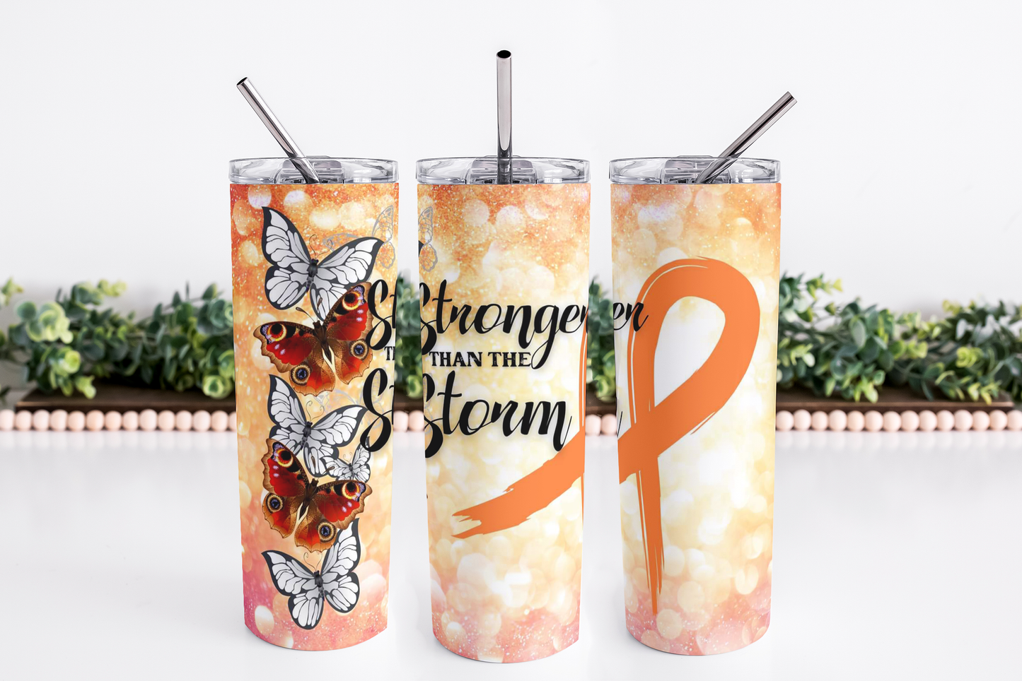 Stainless Steel 20oz Orange Awareness Ribbon Themed Skinny Tumbler w/lid & straw