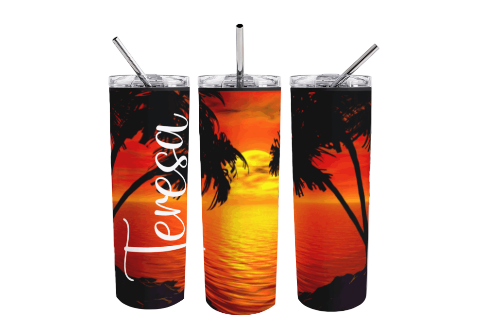Stainless Steel 20oz Beach Sunset Themed Skinny Tumbler w/handle & straw, can be personalized with name