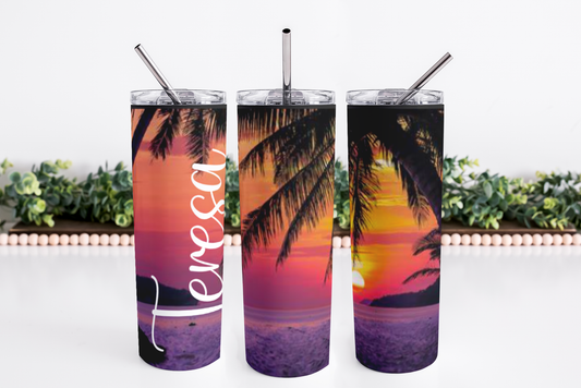 Stainless Steel 20oz Beach Sunset themed Skinny Tumbler w/lid & straw