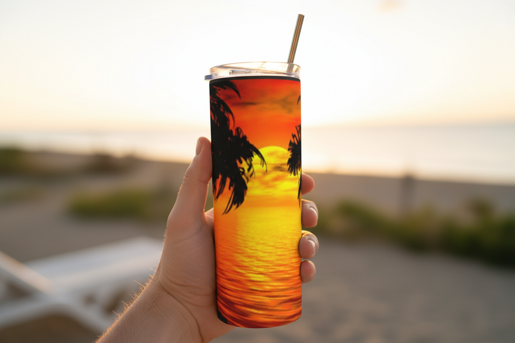 Stainless Steel 20oz Beach Sunset Themed Skinny Tumbler w/handle & straw, can be personalized with name